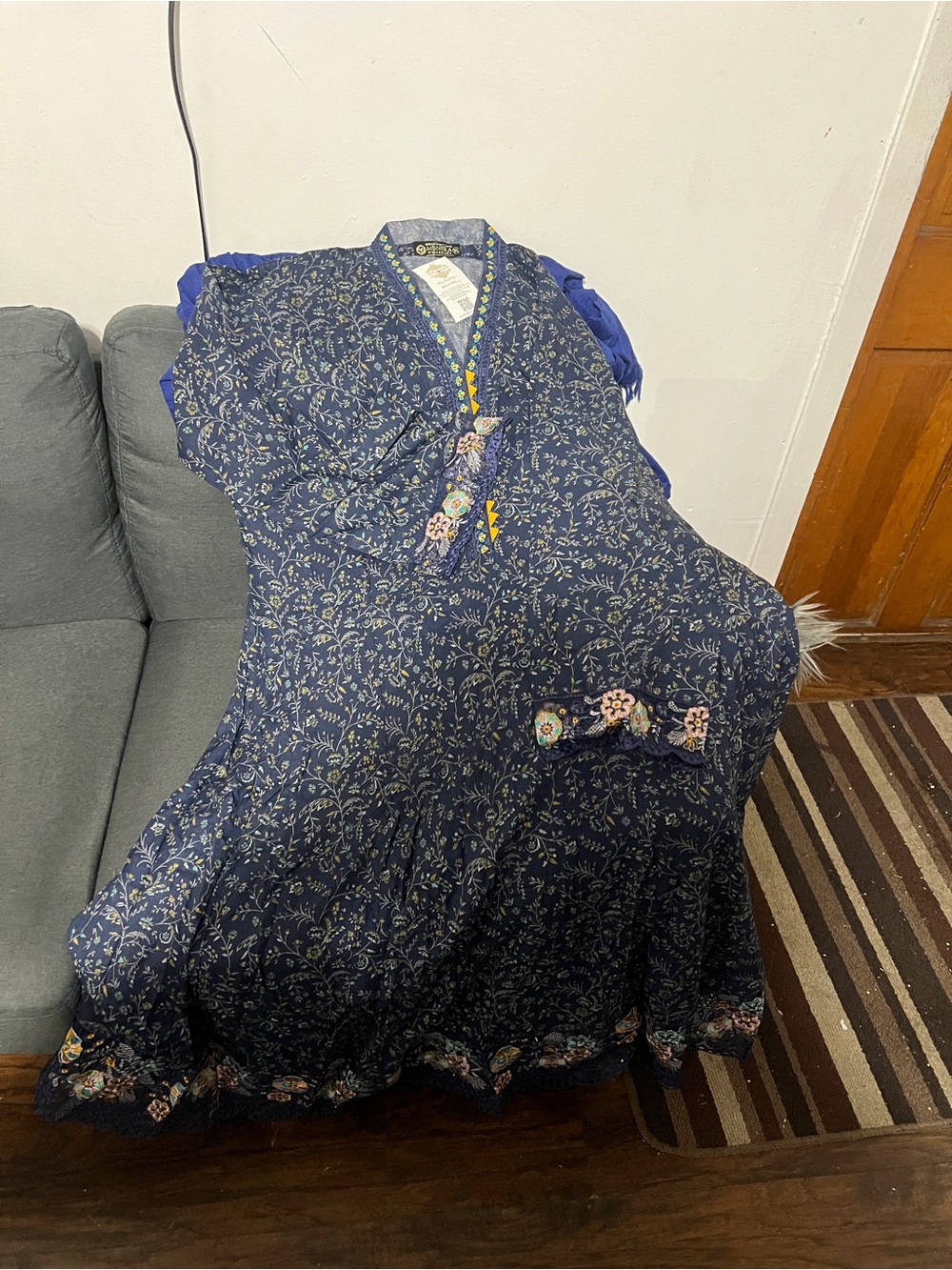 Blue Floral Maxi Dress with Embroidered Accents
